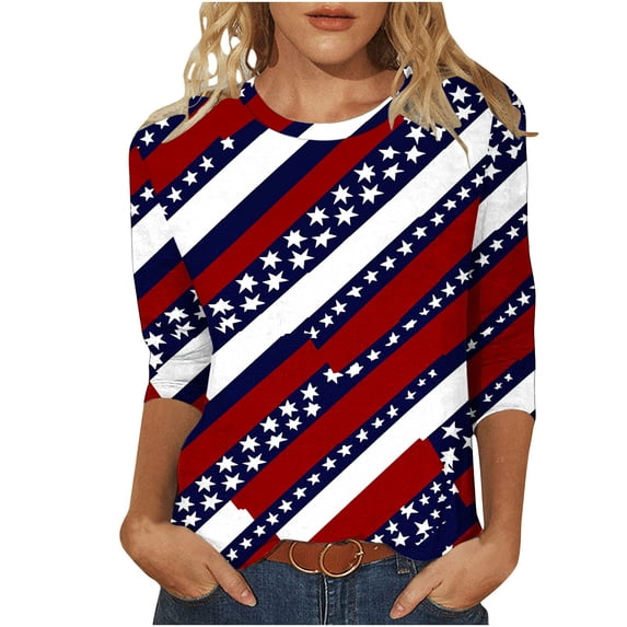 QINGFSAP Womens 3/4 Sleeve 4Th of July Shirts Crewneck Independence Day Printed Casual Loose Fit T Shirts