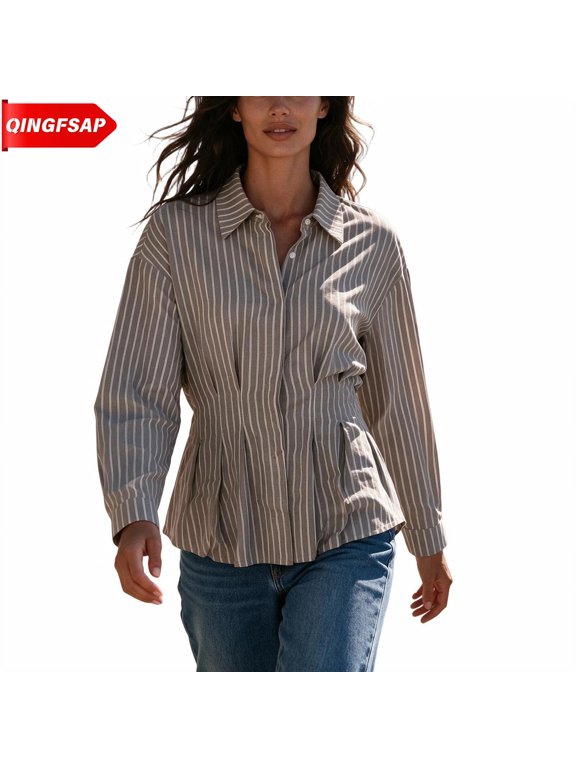 Womens Blouses Striped Button Down Collared Long Sleeve Peplum Hem
