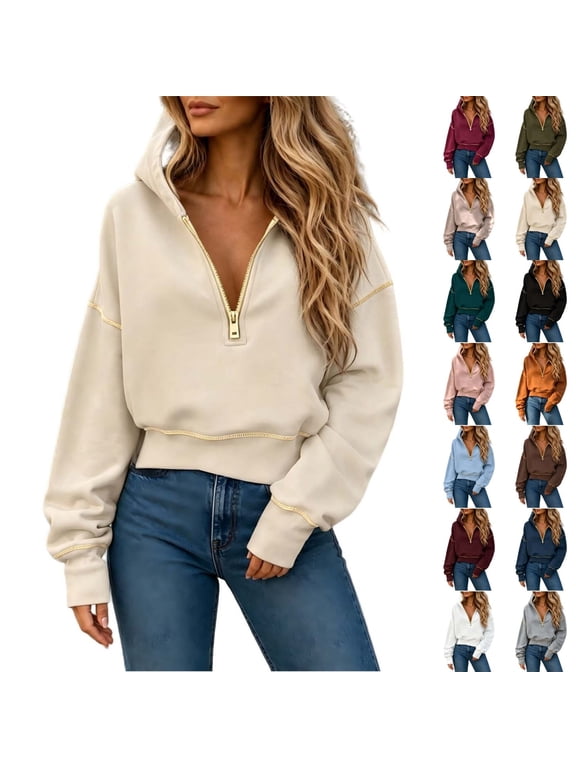 Womens Cropped Half Zip Hooded Sweatshirt Long Sleeve Seam Detail Pullover Hoodie Casual Loose Tops for Fall Daily Wear