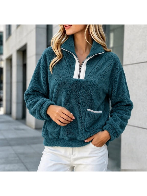 Womens Double Sided Fuzzy Fleece Stand Collar Half Zip Long Sleeve Pullover Tops Loose Warm Winter Casual Sweatshirt with Pockets