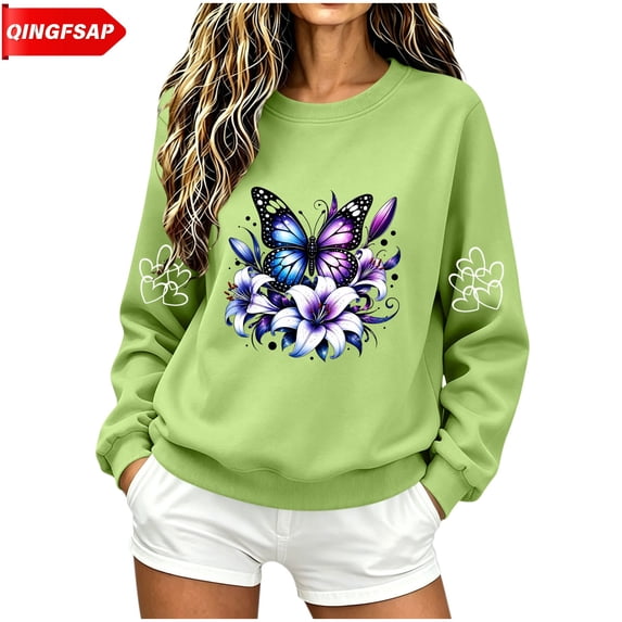 QINGFSAP Womens Graphic Tops Long Sleeve Crew Neck Casual Loose Fit Sweatshirt