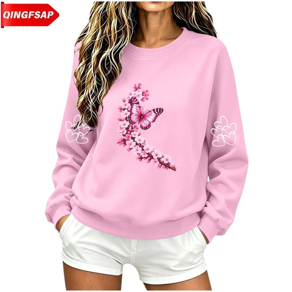 QINGFSAP Womens Graphic Tops Long Sleeve Crew Neck Casual Loose Fit Sweatshirt