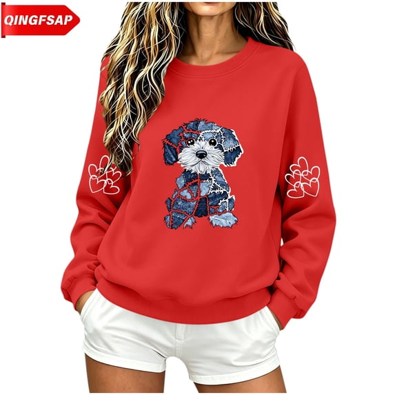 QINGFSAP Womens Graphic Tops Long Sleeve Crew Neck Casual Loose Fit Sweatshirt