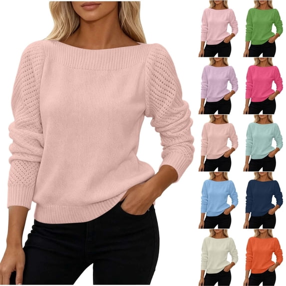 QINGFSAP Womens Long Sleeve Boat Neck Sweater Solid Hollow Out Knit Sleeve Loose Casual Pullover Knit Tops for Fall Winter Daily Wear