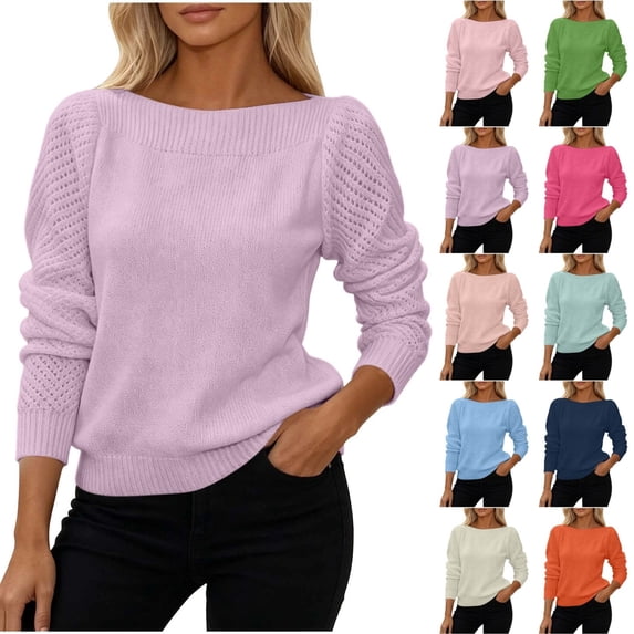QINGFSAP Womens Long Sleeve Boat Neck Sweater Solid Hollow Out Knit Sleeve Loose Casual Pullover Knit Tops for Fall Winter Daily Wear