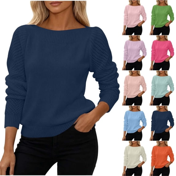 QINGFSAP Womens Long Sleeve Boat Neck Sweater Solid Hollow Out Knit Sleeve Loose Casual Pullover Knit Tops for Fall Winter Daily Wear