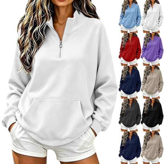 QINGFSAP Womens Long Sleeve Quarter Zip Sweatshirt High Neck Pullover Tunic Tops with Pockets