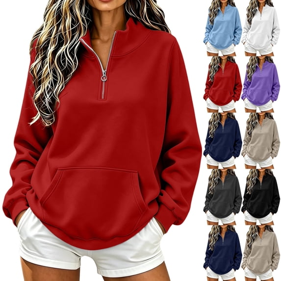 QINGFSAP Womens Long Sleeve Quarter Zip Sweatshirt High Neck Pullover Tunic Tops with Pockets