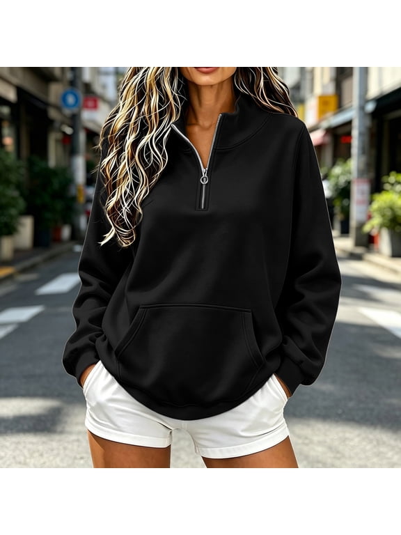 Womens Long Sleeve Quarter Zip Sweatshirt High Neck Pullover Tunic Tops with Pockets