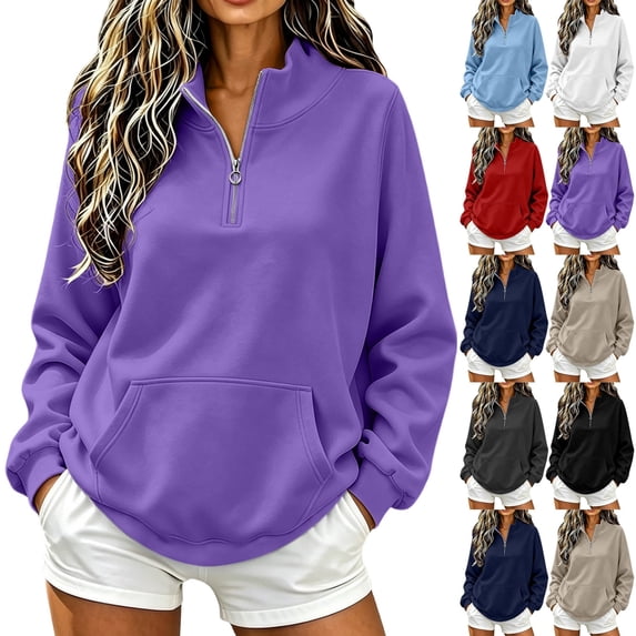 QINGFSAP Womens Long Sleeve Quarter Zip Sweatshirt High Neck Pullover Tunic Tops with Pockets