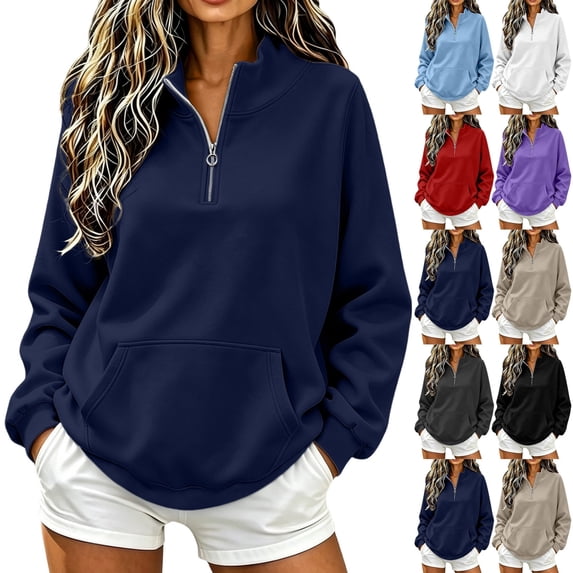 QINGFSAP Womens Long Sleeve Quarter Zip Sweatshirt High Neck Pullover Tunic Tops with Pockets