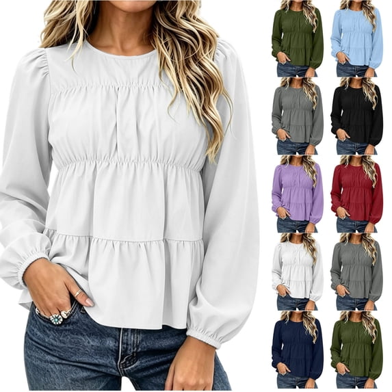 QINGFSAP Womens Tops Long Sleeve Round Neck Tiered Ruffle Pleated Loose Fit Tops