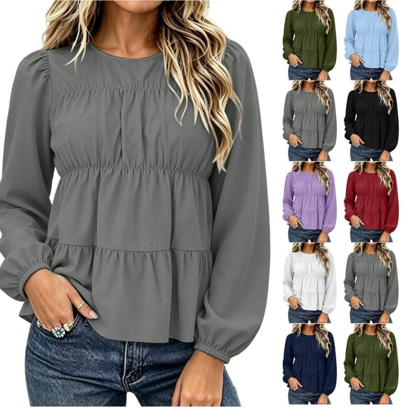 QINGFSAP Womens Tops Long Sleeve Round Neck Tiered Ruffle Pleated Loose Fit Tops