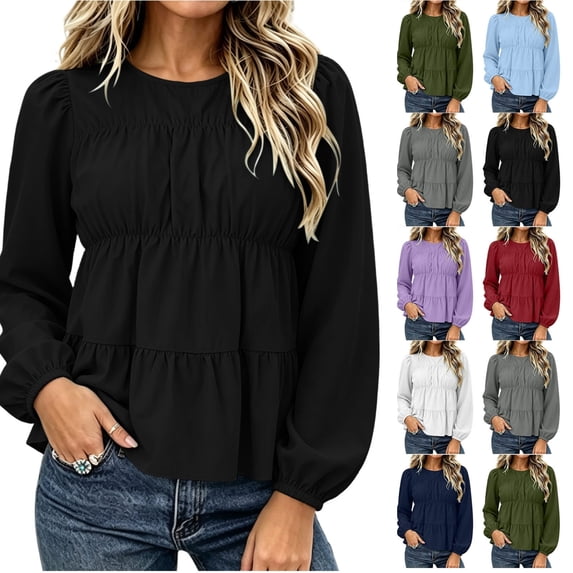 QINGFSAP Womens Tops Long Sleeve Round Neck Tiered Ruffle Pleated Loose Fit Tops