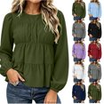 thumbnail image 1 of QINGFSAP Womens Long Sleeve Round Neck Tiered Tops Ruffle Pleated Loose Fit Blouses, 1 of 9