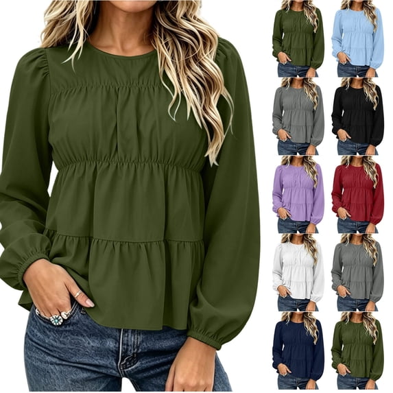 QINGFSAP Womens Long Sleeve Round Neck Tiered Tops Ruffle Pleated Loose Fit Blouses