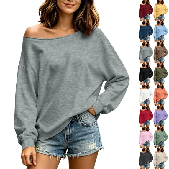 QINGFSAP Womens Off Shoulder Sweatshirt Long Sleeve Loose Fit Casual Pullover Tops Fall Winter