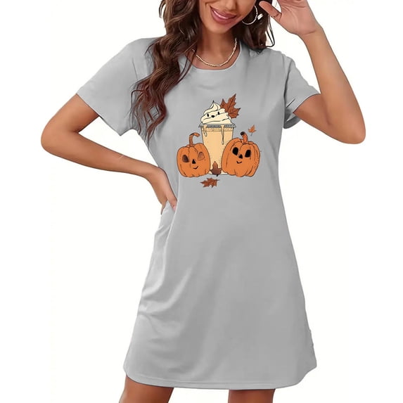 QINGFSAP Womens Pajama Halloween Print Crewneck Short Sleeve Nightgown Plus Size Short Sleepwear