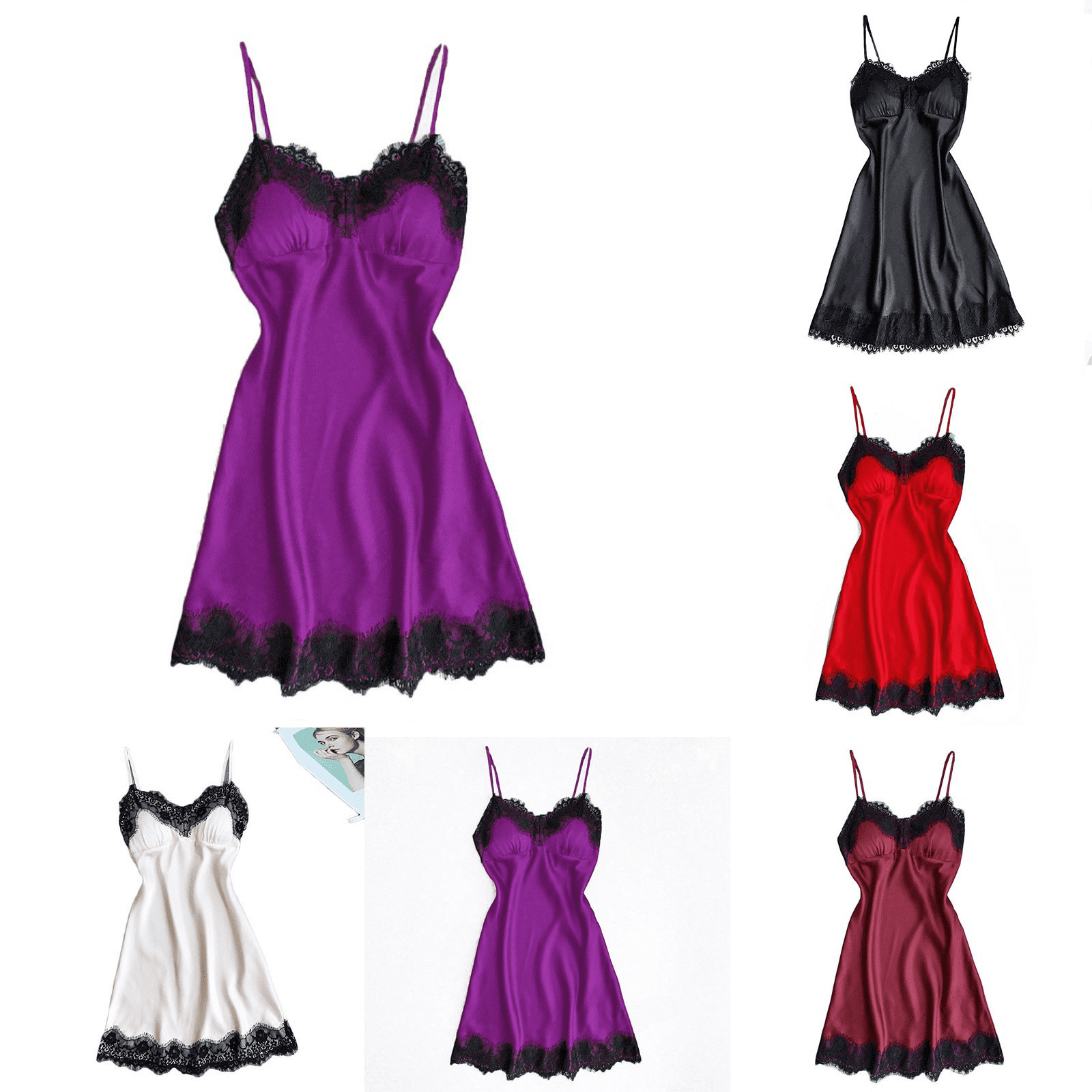 QINGFSAP Womens Pajamas Deep V Neck Spaghetti Strap Sleep Dress with ...
