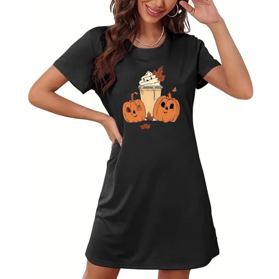 QINGFSAP Womens Plus Size Pajama Nightgown For Halloween With Pumpkin Latte Print
