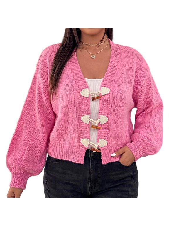 Womens Plus Size V Neck Toggle Button Knit Sweater Cardigan Solid Lantern Sleeve Loose Cropped Casual Outer Tops