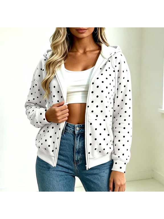 Womens Polka Dot Print Zip Up Hoodie Drawstring Hood Long Sleeve Sweatshirt Loose Casual Outer Jacket with Kangaroo Pockets
