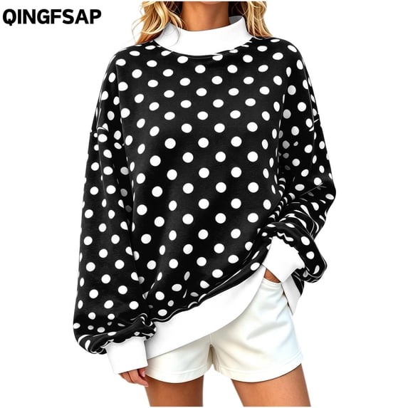 QINGFSAP Womens Polka Dot Sweatshirt Long Sleeve Crewneck Pullover Tops Casual Loose Fit Knit Shirt Fall Winter Blouse