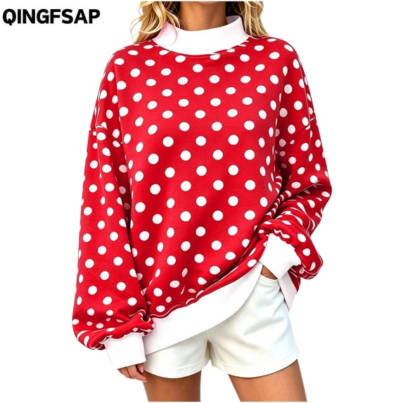 QINGFSAP Womens Polka Dot Sweatshirt Long Sleeve Crewneck Pullover Tops Casual Loose Fit Knit Shirt Fall Winter Blouse