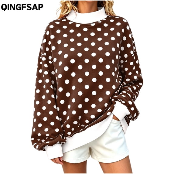 QINGFSAP Womens Polka Dot Sweatshirt Long Sleeve Crewneck Pullover Tops Casual Loose Fit Knit Shirt Fall Winter Blouse