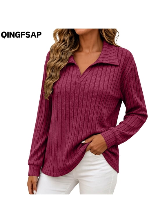 Womens Ribbed Knit Top Long Sleeve Collared V Neck Pullover Shirt Casual Loose Fit Fall Winter