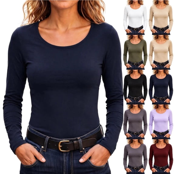 QINGFSAP Womens Scoop Neck Long Sleeve Tops Slim Fit Solid Basic Layering Tee Shirts