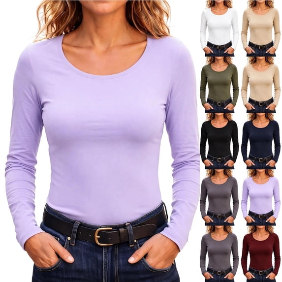 QINGFSAP Womens Scoop Neck Long Sleeve Tops Slim Fit Solid Basic Layering Tee Shirts