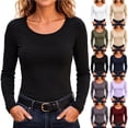 thumbnail image 1 of QINGFSAP Tops for Womens Scoop Neck Long Sleeve Tops Slim Fit Solid Basic Layering Tee Tops, 1 of 9