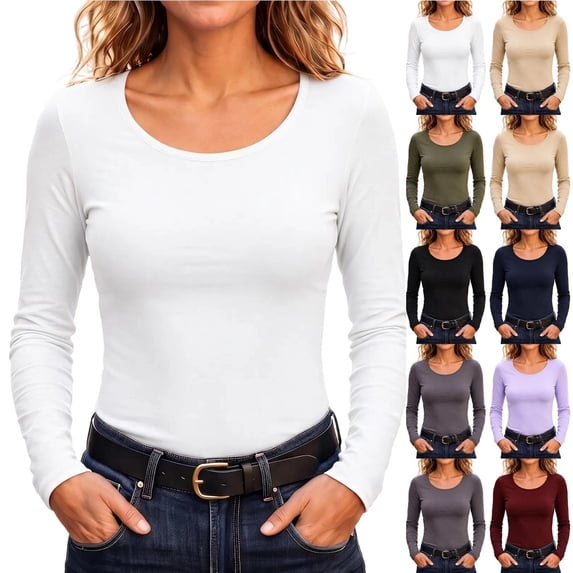 QINGFSAP Womens Scoop Neck Long Sleeve Tops Slim Fit Solid Basic Layering Tee Shirts