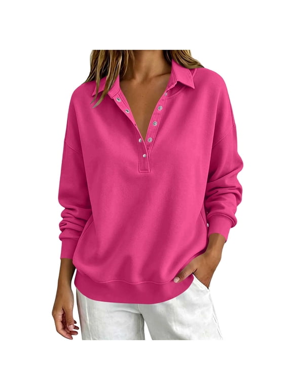 Womens Solid Color Collared Henley Pullover Sweatshirt Long Sleeve Button Placket Drop Shoulder Loose Fall Winter Tops