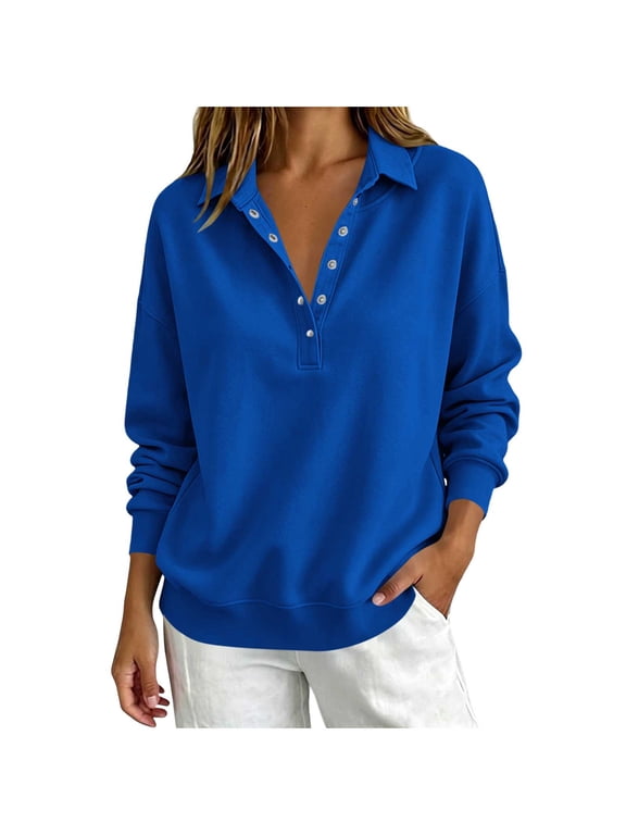 Womens Solid Color Collared Henley Pullover Sweatshirt Long Sleeve Button Placket Drop Shoulder Loose Fall Winter Tops
