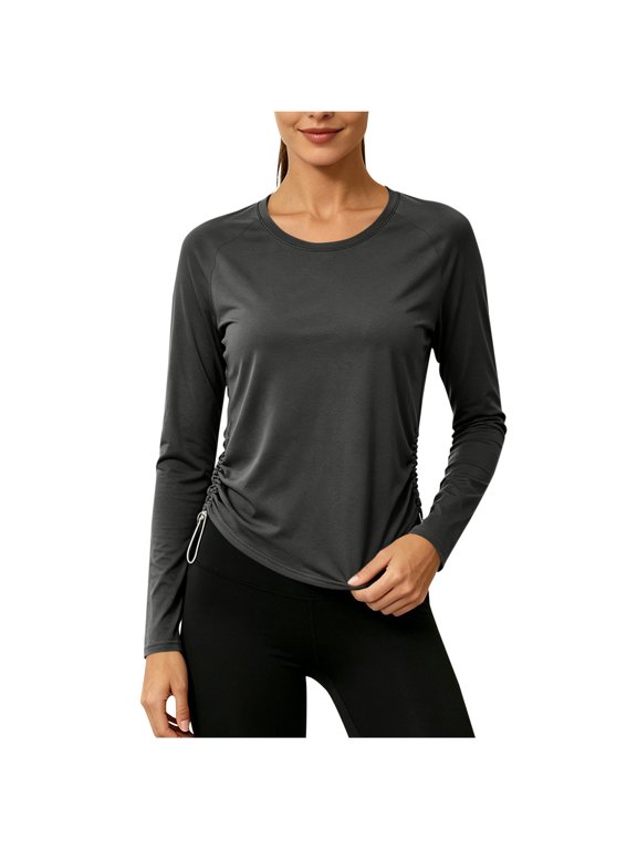 Womens Solid Color Crew Neck Workout Long Sleeve Tops Adjustable Side Ruched Drawstring Hem Sports Tops
