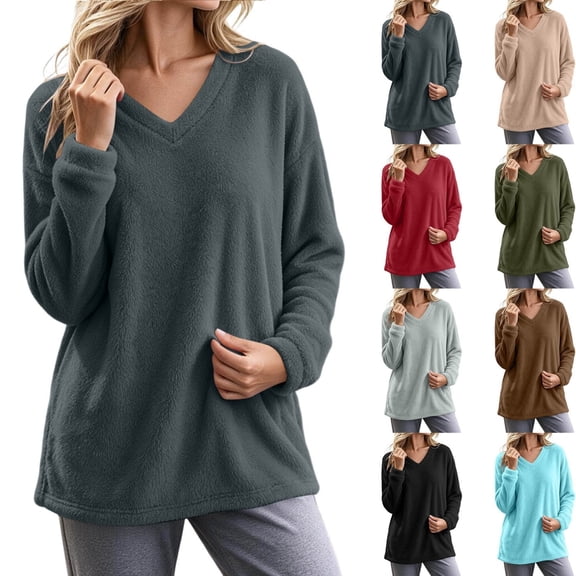 QINGFSAP Womens V Neck Tops Fleece Long Sleeve Casual Loose Fit Pullover Warm