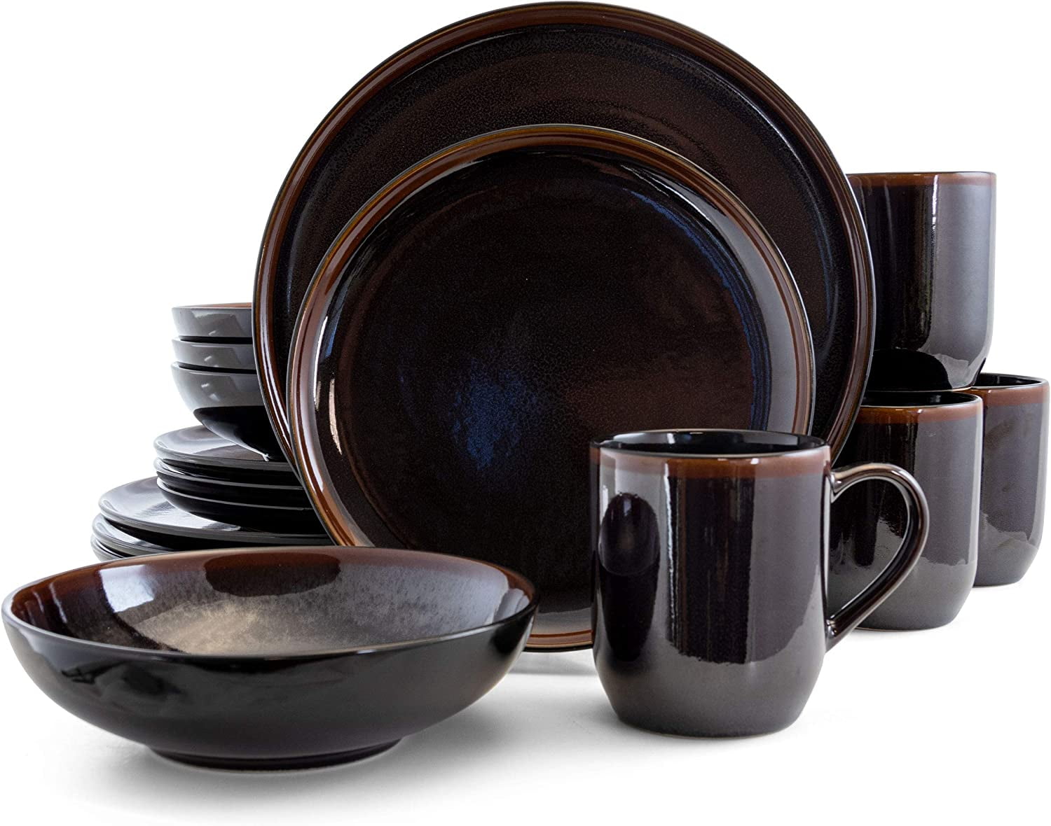 QINGJING Round Stoneware Dark Contemporary Dinnerware Dish Set, 16 ...