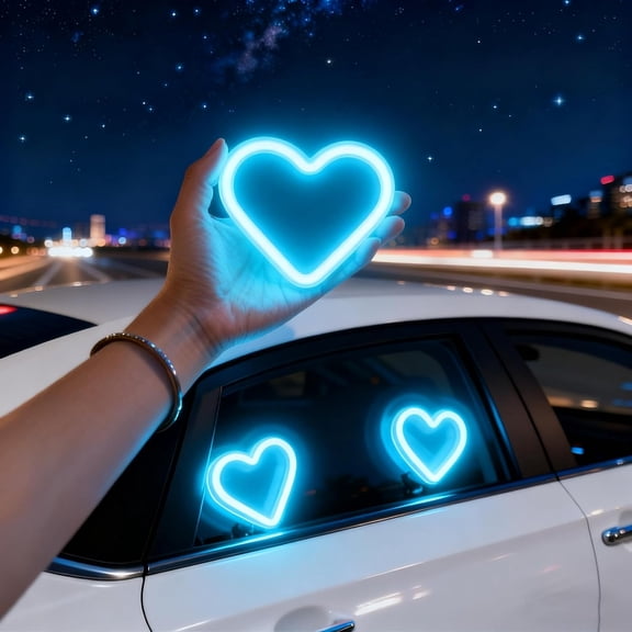QINGQ Solar Powered Wireless LED Heart Shape C-Pillar Neon Light, 5 Lighting Modes Car Interior Decoration, Romantic Ambient Gift for Couples