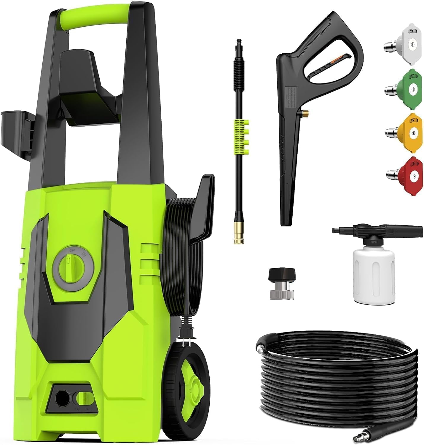 QIOMALA Electric Pressure Washer, 4800 PSI Max 3.2 GPM High Pressure with 35 FT Power Cord, 20 FT Hose, Foam Cannon, 4 Connect Nozzles for Car/Garage/Patio/Home Cleaning, Green