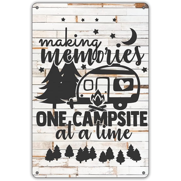 QIONGQI Funny Making Memories One Campsite at a Time Metal Tin Sign Wall Decor Farmhouse Rustic Camping Signs for Home Garage Men Cave Yard Decor Camper Gifts (Wooden Style)
