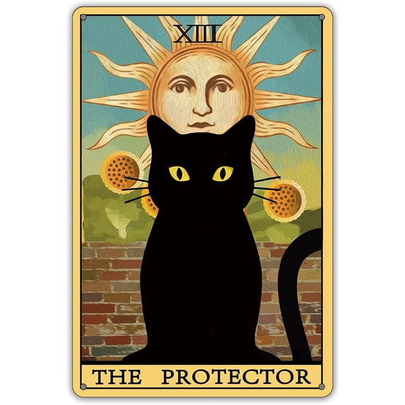 The Protector Tarot Cat Metal Tin Sign Wall Decor Farmhouse Rustic Black Cat Tarot Signs for Cat Lovers Home Decor Gifts