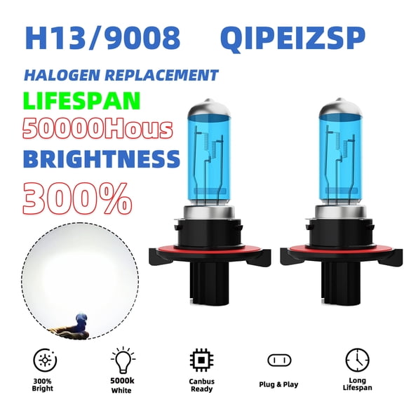 QIPEIZSP H13/9008 Halogen Headlight Bulbs High/Low Beam Fit For Chevrolet Spark EV 2014-2016 Warm White 5000k,Plug And Play,Pack of 2