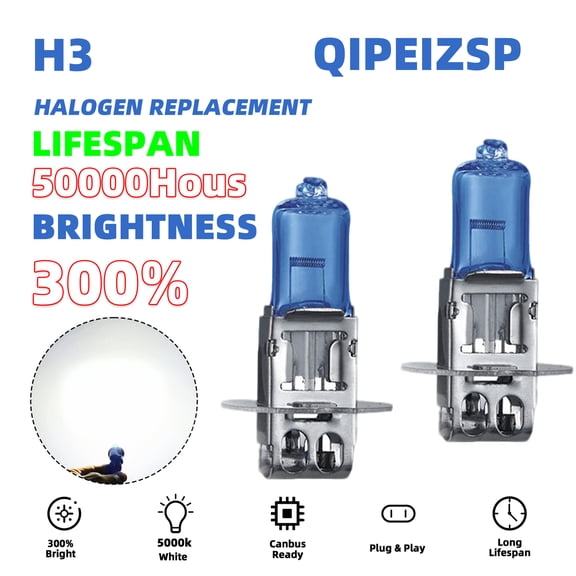 QIPEIZSP H3 Halogen Headlight Bulbs High/Low Beam Fit for Chevrolet C2500 1988-1998 Warm White 5000k,Plug And Play,Pack of 2