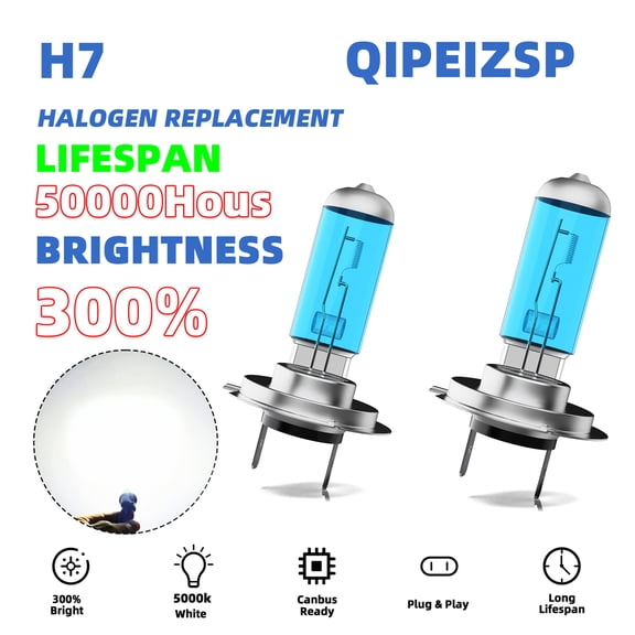 QIPEIZSP H7 Halogen Headlight Bulbs High/Low Beam Fit for BMW 740iL 1999-2001 Warm White 5000k,Plug And Play,Pack of 2
