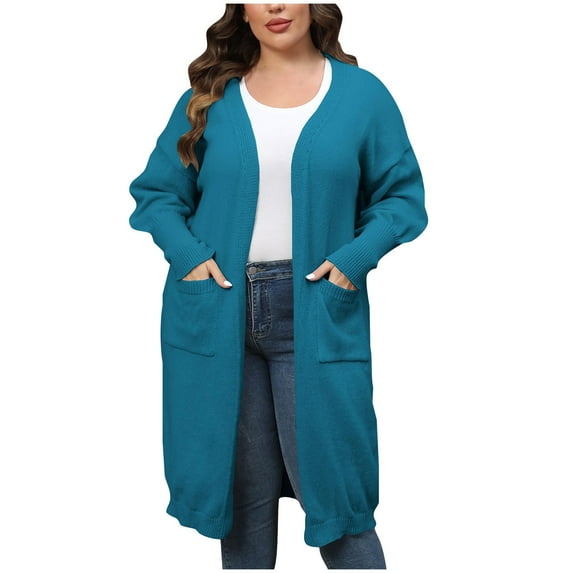 QIPOPIQ Cardigan Sweater for Women Clearance Women's Trendy Solid Color Plus-Size Loose Midi Style Double Pockets Sweater Tops