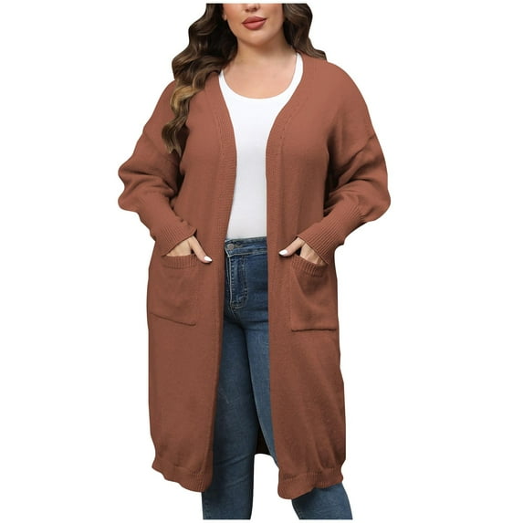 QIPOPIQ Cardigan Sweater for Women Clearance Women's Trendy Solid Color Plus-Size Loose Midi Style Double Pockets Sweater Tops