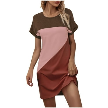 QIPOPIQ Casual T Shirt Dresses for Women Flowy Colorblock Swing Tunic Dress Pockets Clearance