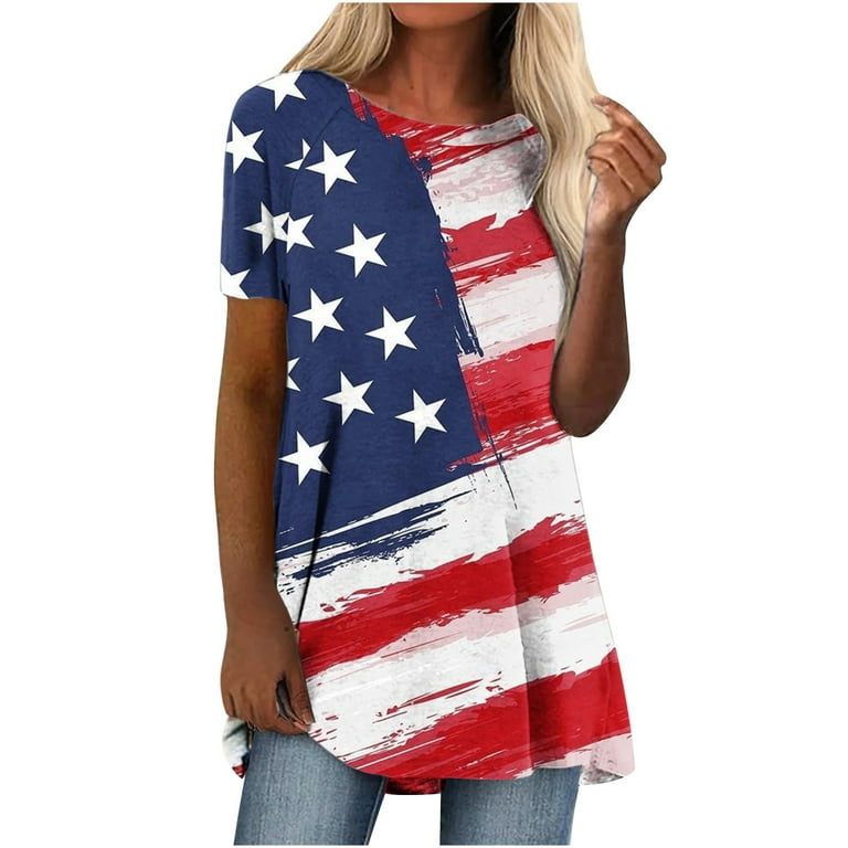 QIPOPIQ Clearance American Flag Shirt for Women July 4th Clothes Memorial  Day Apparel V Neck Short Sleeve Patriotic Tops 
